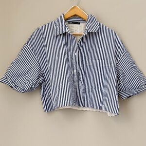Zara blue white stripe blouse button down size XL crop quilted